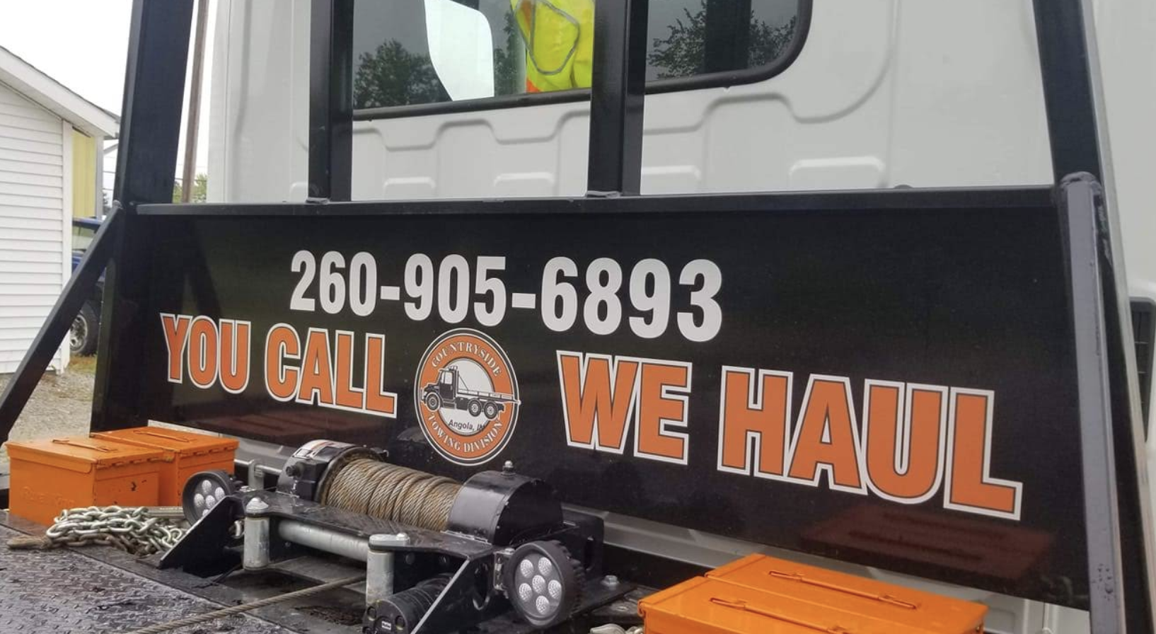 Close-up of winch and recovery equipment on a Countryside Towing truck